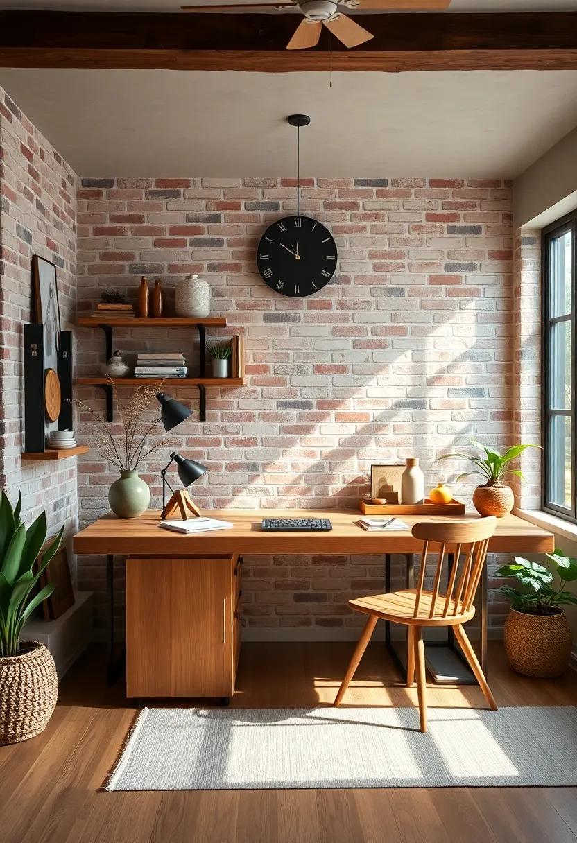 Sunlit Workspace Featuring Distressed Barnwood Desk And Cozy Neutral Tones For A Calm Ambiance