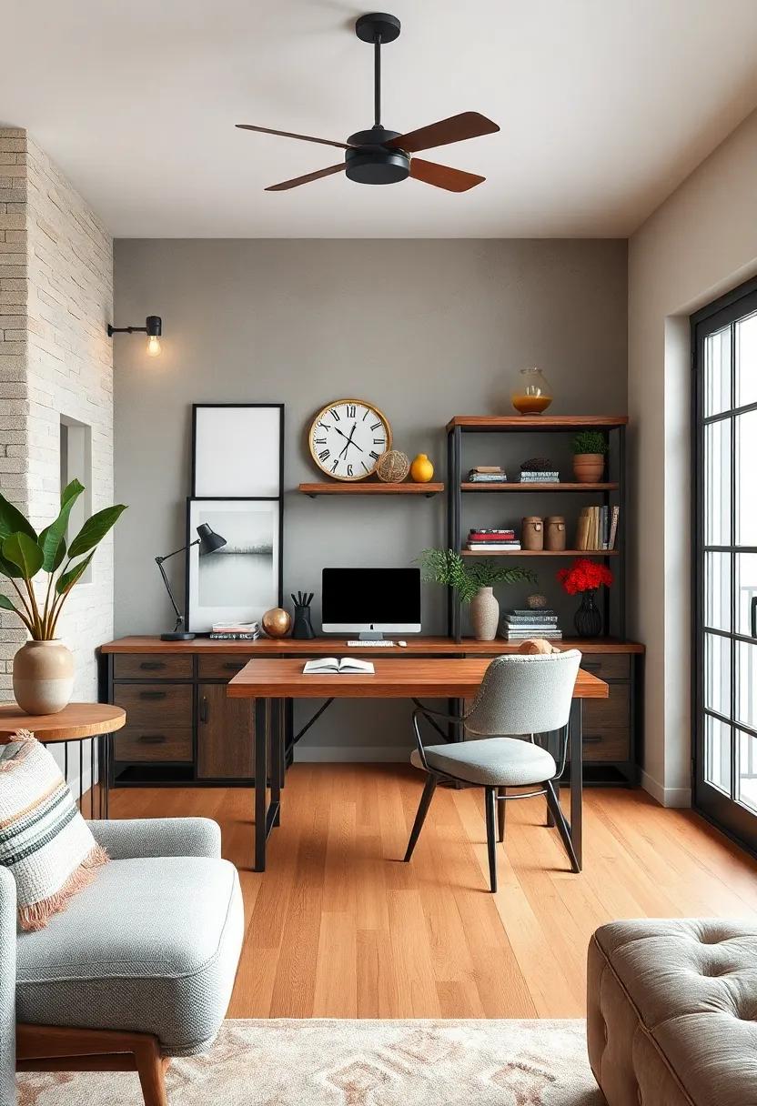 Rustic Industrial Inspired Home Office With Weathered Metal And Reclaimed Wood Desk Accents