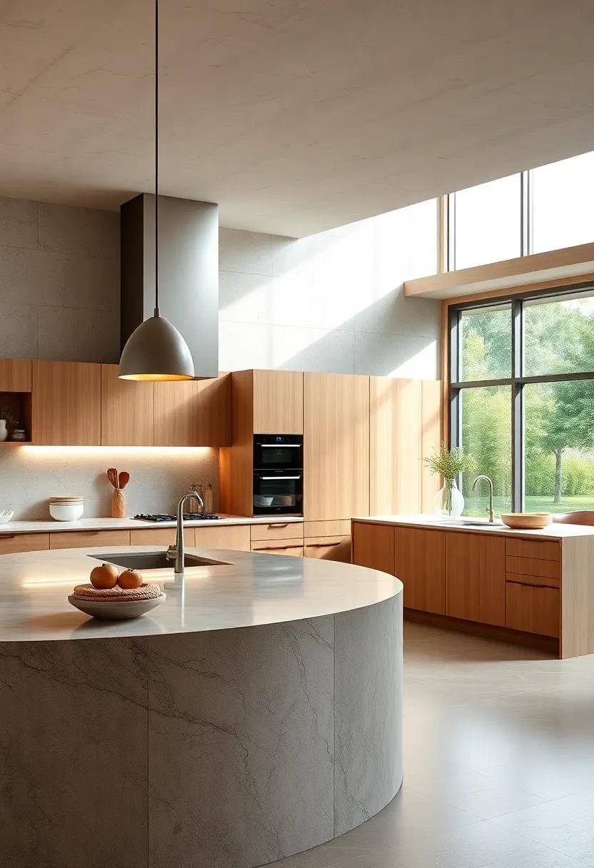 Flowing Curved Countertops and Cabinets Offering a Soft Sculptural Element in Contemporary Kitchens