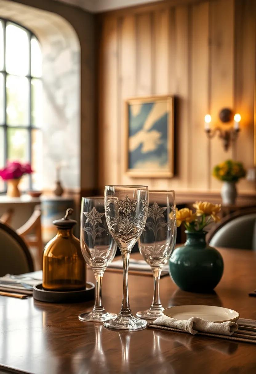 Delicately Engraved Glassware Sparkling With Reflections from Flickering Sconces on Wood Panel Walls