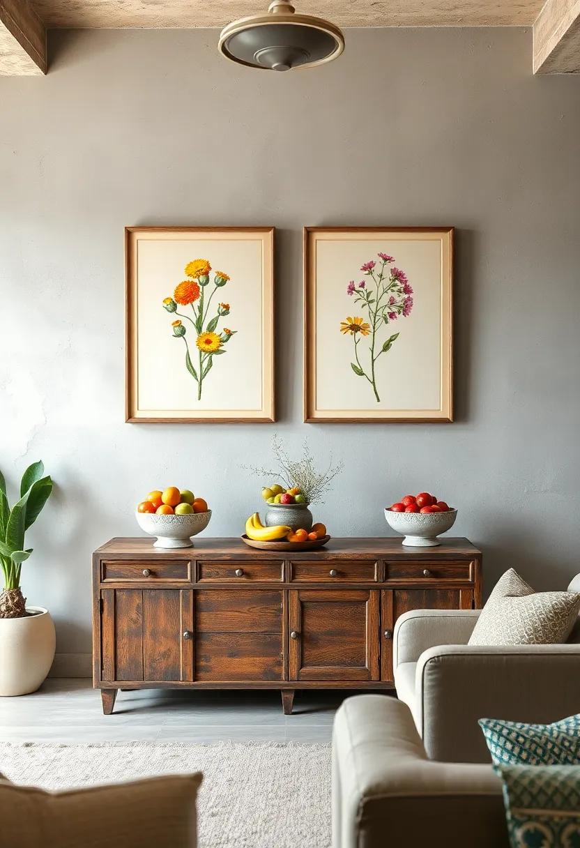Faded Botanical Prints Hung Symmetrically Above a Rustic Sideboard Overflowing With Fresh Fruit Bowls