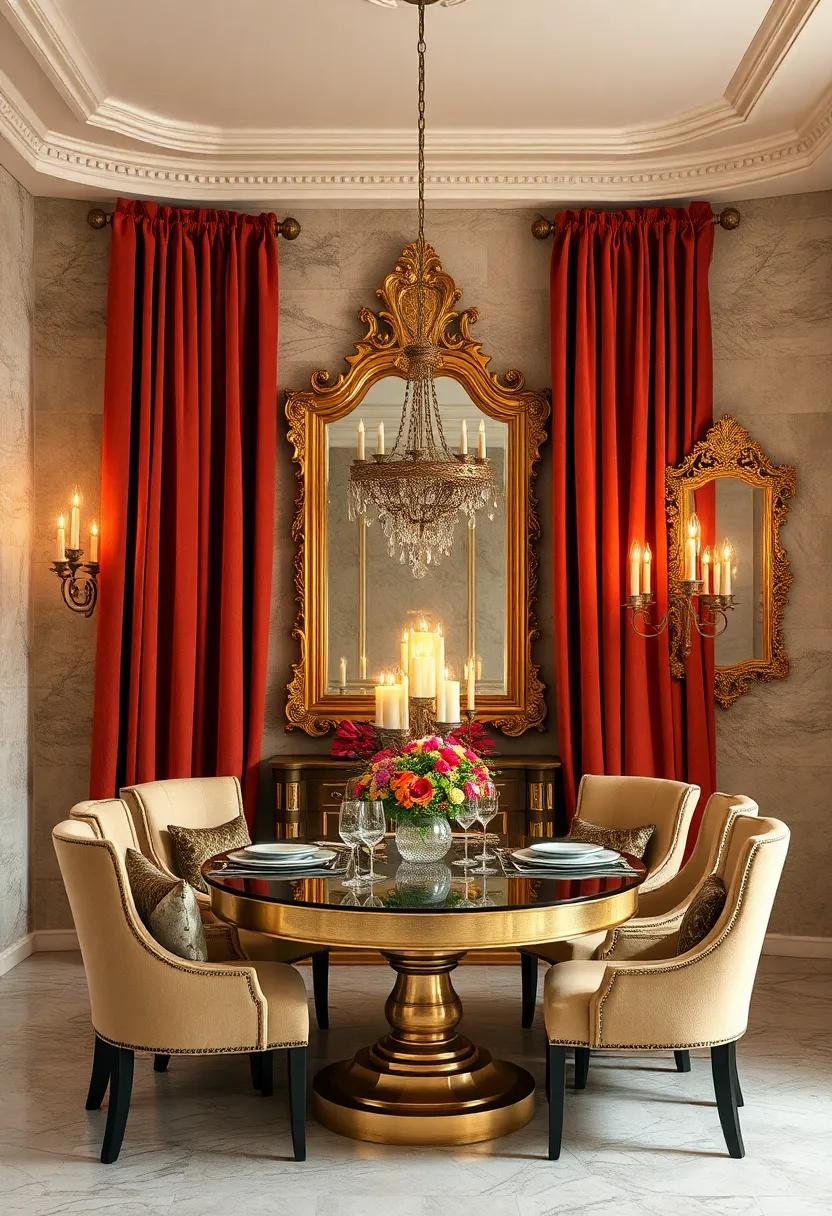 Rich Velvet Curtains Pooled Gracefully Around Ornate Gilded Mirrors Reflecting Candlelight Ambiance