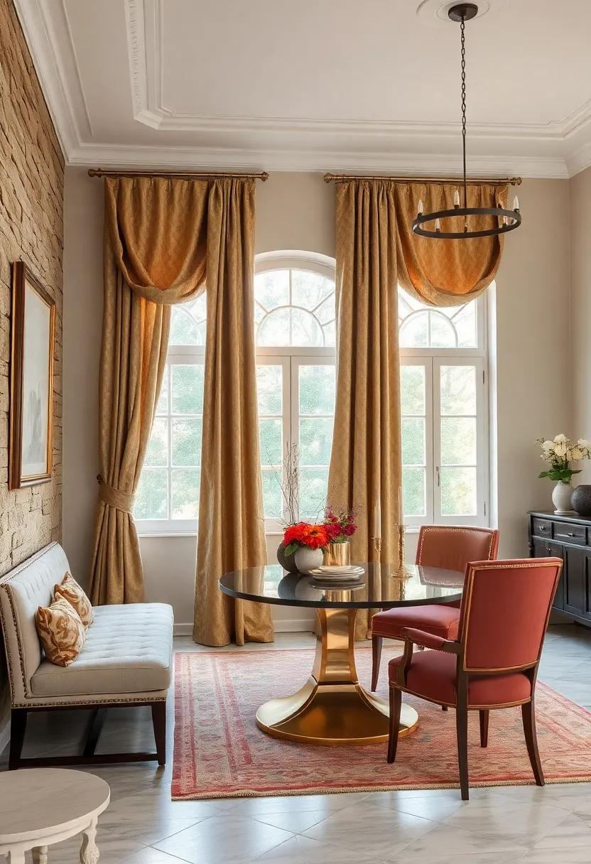 Soft Pastel Walls Complementing Heavy Drapes in Brocade Fabric Framing Paned Windows