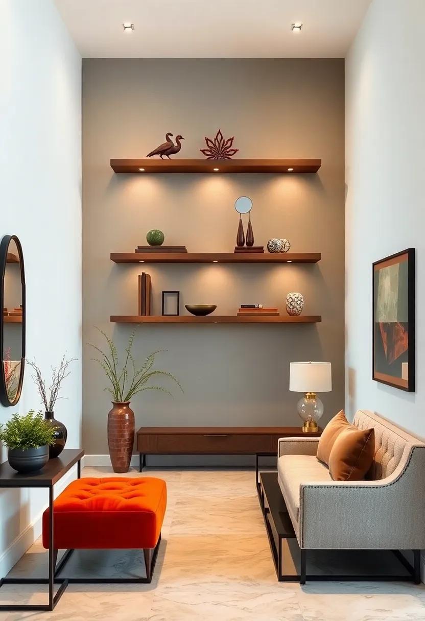 Art Deco Influence on Wall-Mounted Shelves Featuring Bold Lines and Luxurious Finishes for Statement Entryways