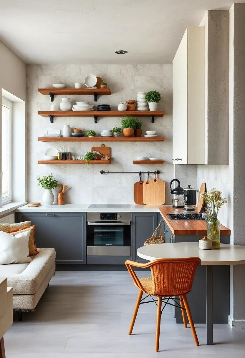Farmhouse Charm in Apartment Kitchens Using Rustic Shelves and Classic Decor Pieces