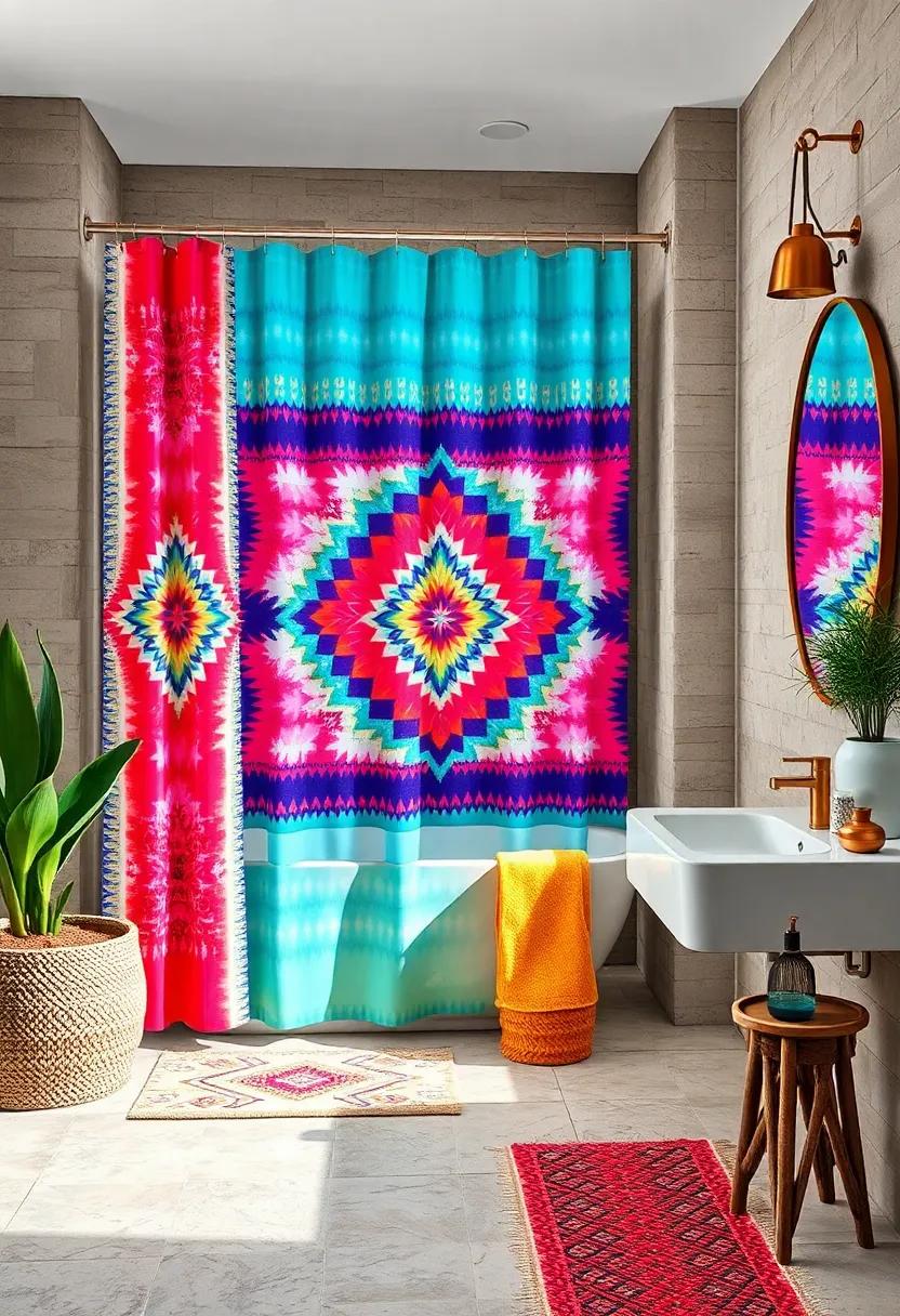 Brightly Dyed Shower Curtains Featuring Tribal Motifs Playing a Central Role in Boho Bathroom Style