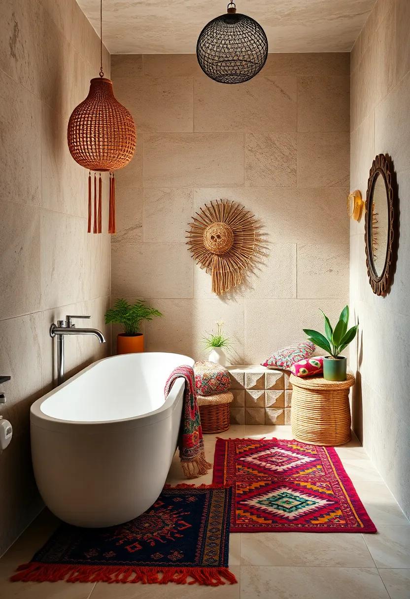 Layered Rugs and Cushions in Bold Prints Creating a Comfortable Boho Oasis in Bathroom Corners