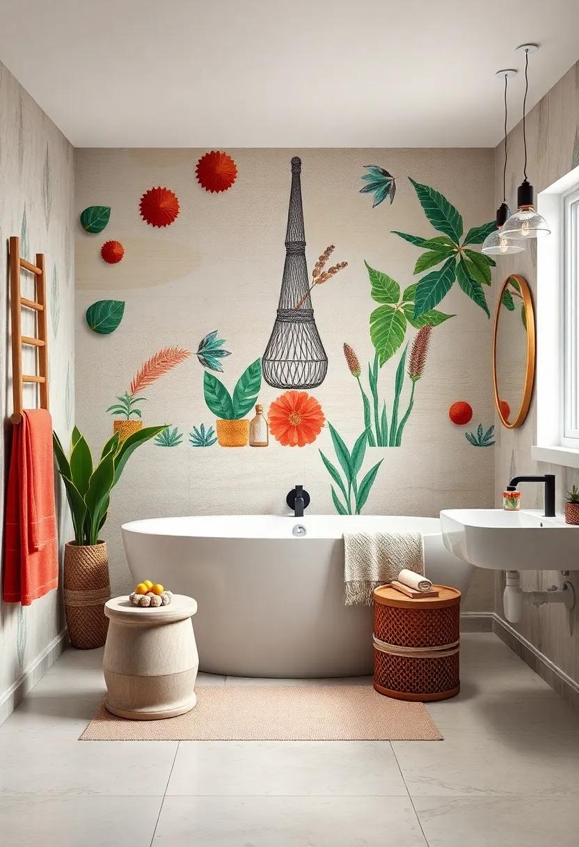 Vivid Wall Murals Depicting Natural and Geometric Boho Themes for a Striking Colorful Bathroom Backdrop