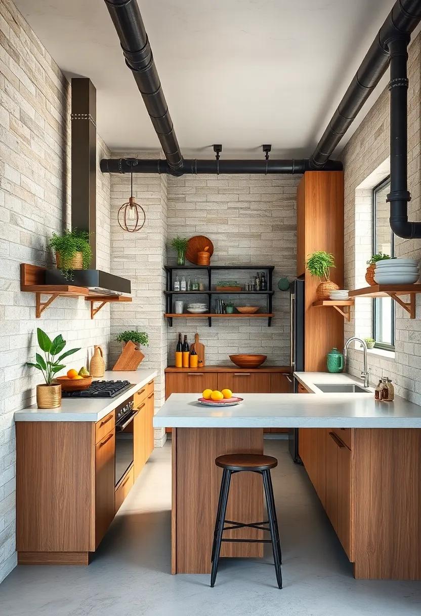 Industrial Style Galley Kitchen Incorporating Exposed Pipes, Concrete Countertops, and Metal Bar Stools