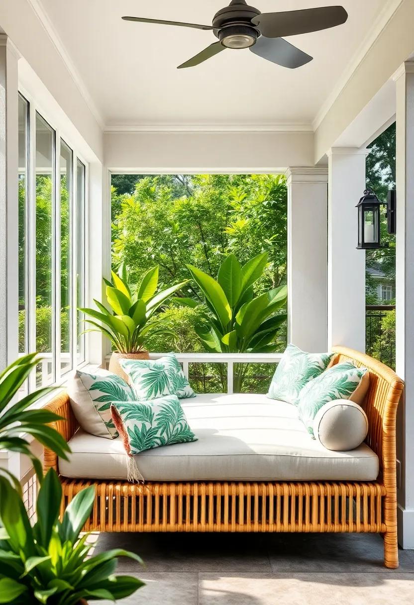 Tropical Palm Leaf Patterned Pillows Brightening a Light Bamboo Daybed in a Shady Porch