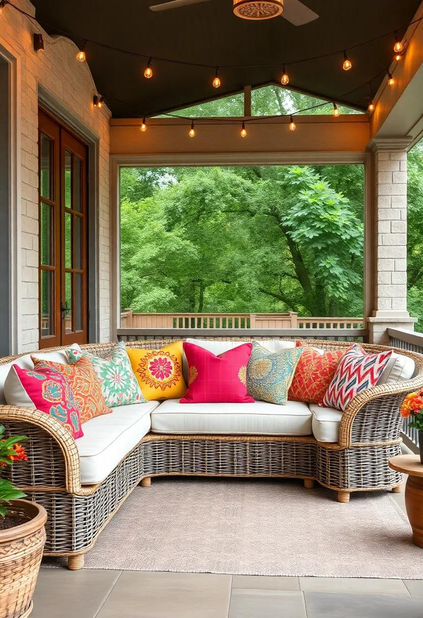 Colorful Bohemian Style Porch Cushions Arranged Artfully on Wicker Sofa Under String Lights