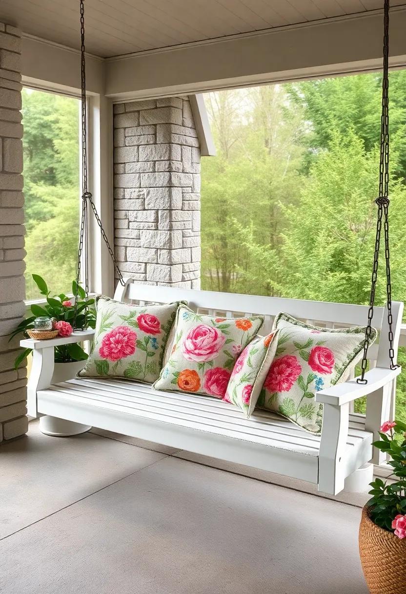 Spring Garden Inspired Pillows with Floral Motifs Layered on a Painted Wooden Porch Swing