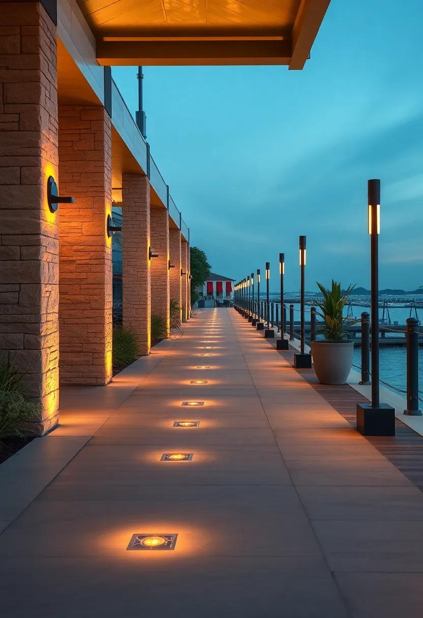 Rows of Solar Pathway Lights Creating a Magical Glow Along a Waterfront Boardwalk