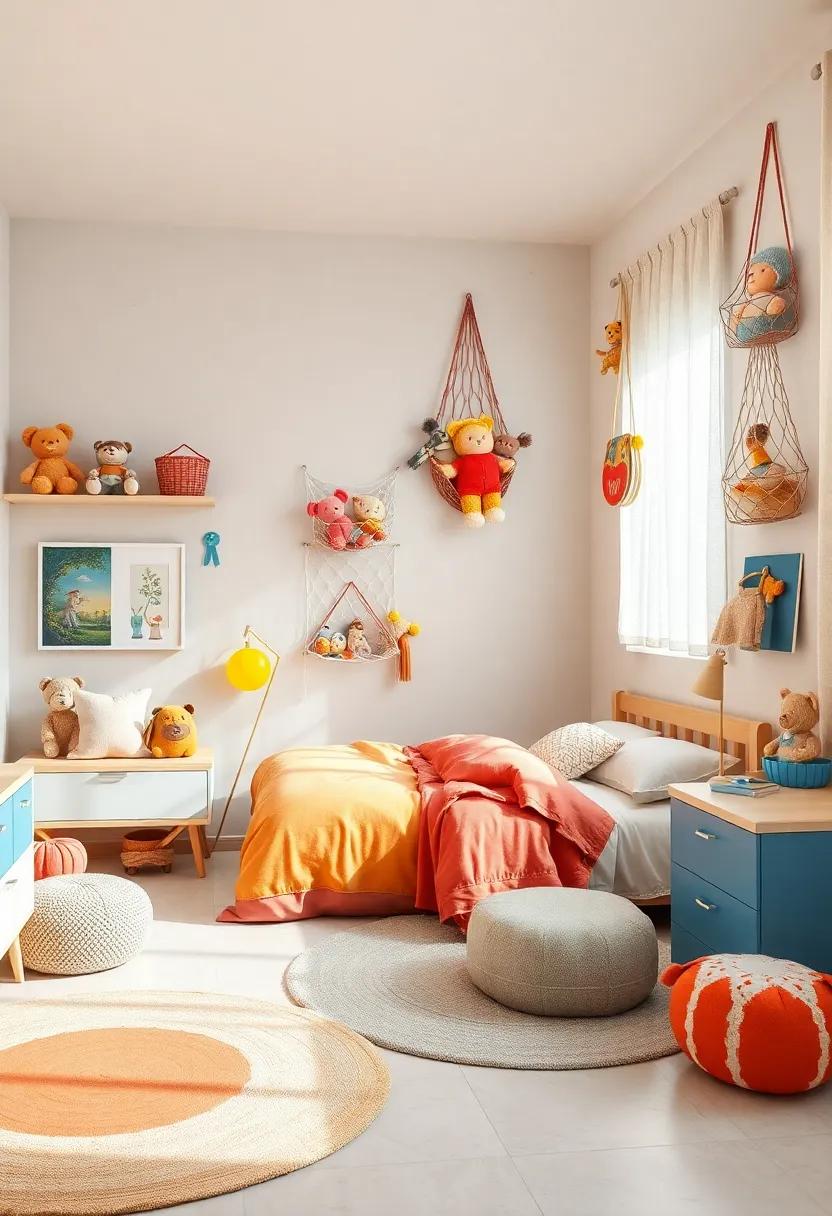 Soft Toy Collections Displayed in Creative Wall Nets and Baskets for Easy Access