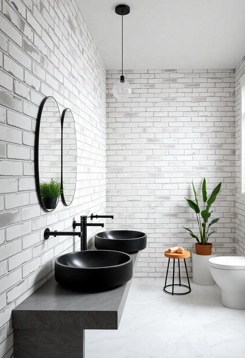 Industrial Black Sink Basins With Whitewashed Brick Walls Delivering Urban Bathroom Vibes