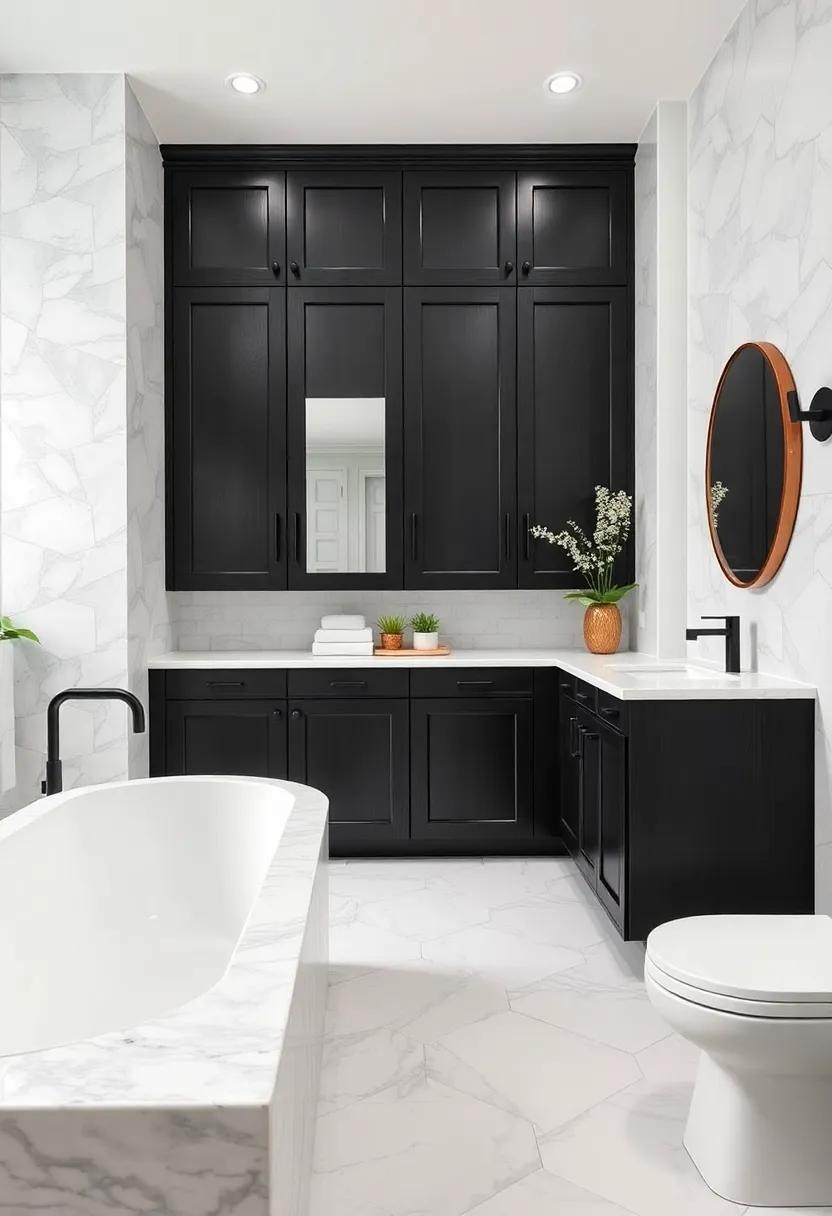 Rustic Black Wood Cabinets Mixed With Glossy White Countertops For A Balanced Bath Style