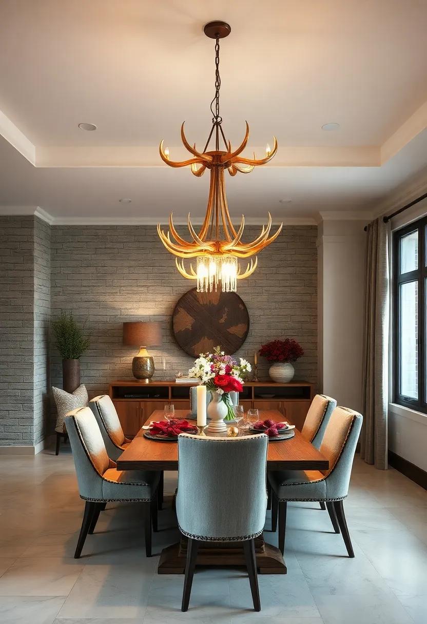 Antique Brass Antler Chandeliers Bringing Rustic Lodge Charm While Illuminating Wooden Farmhouse Tables