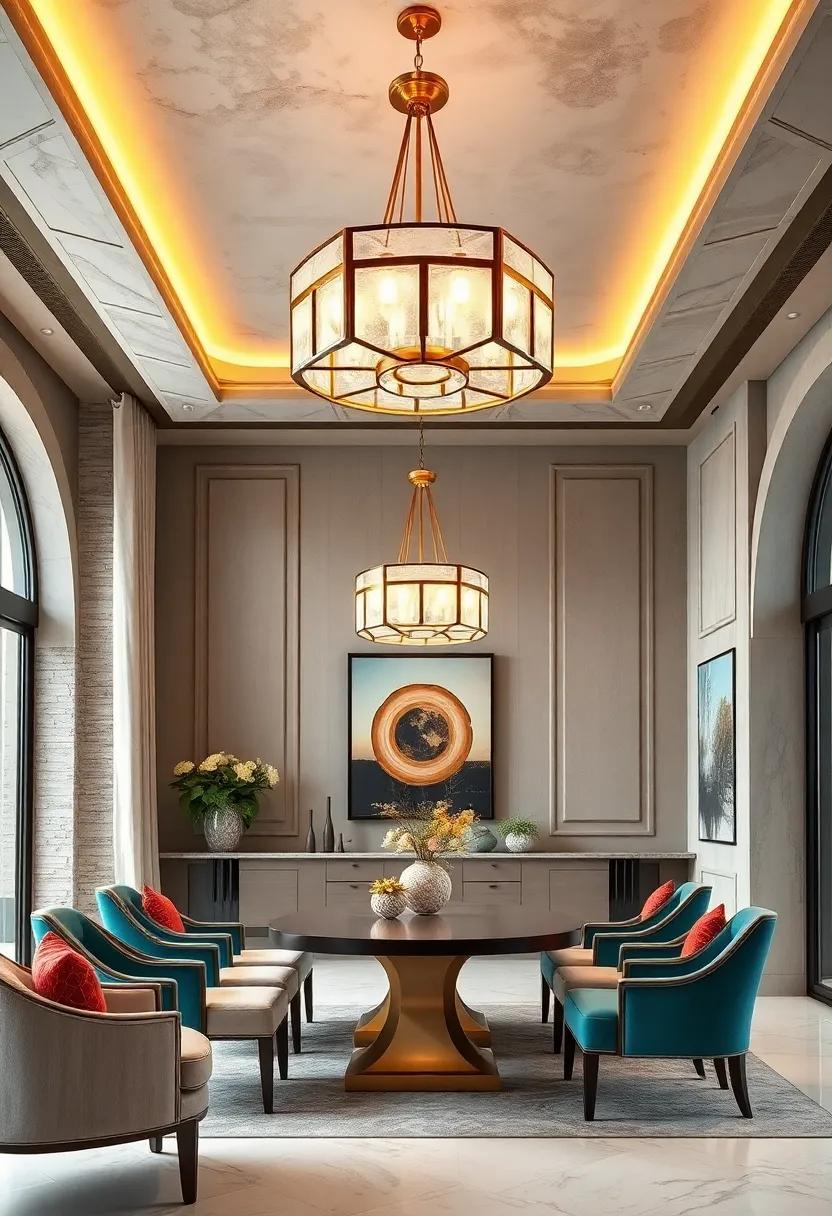 Art Deco Inspired Chandeliers With Symmetrical Glass Panels and Glamorous Gold Accents