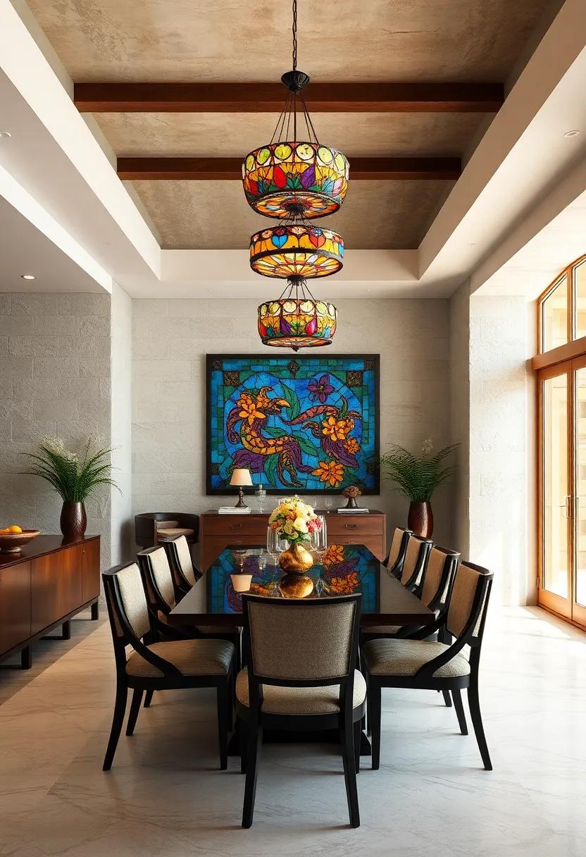 Colorful Stained Glass Chandeliers Casting Vibrant Patterns Across Traditional Dining Settings