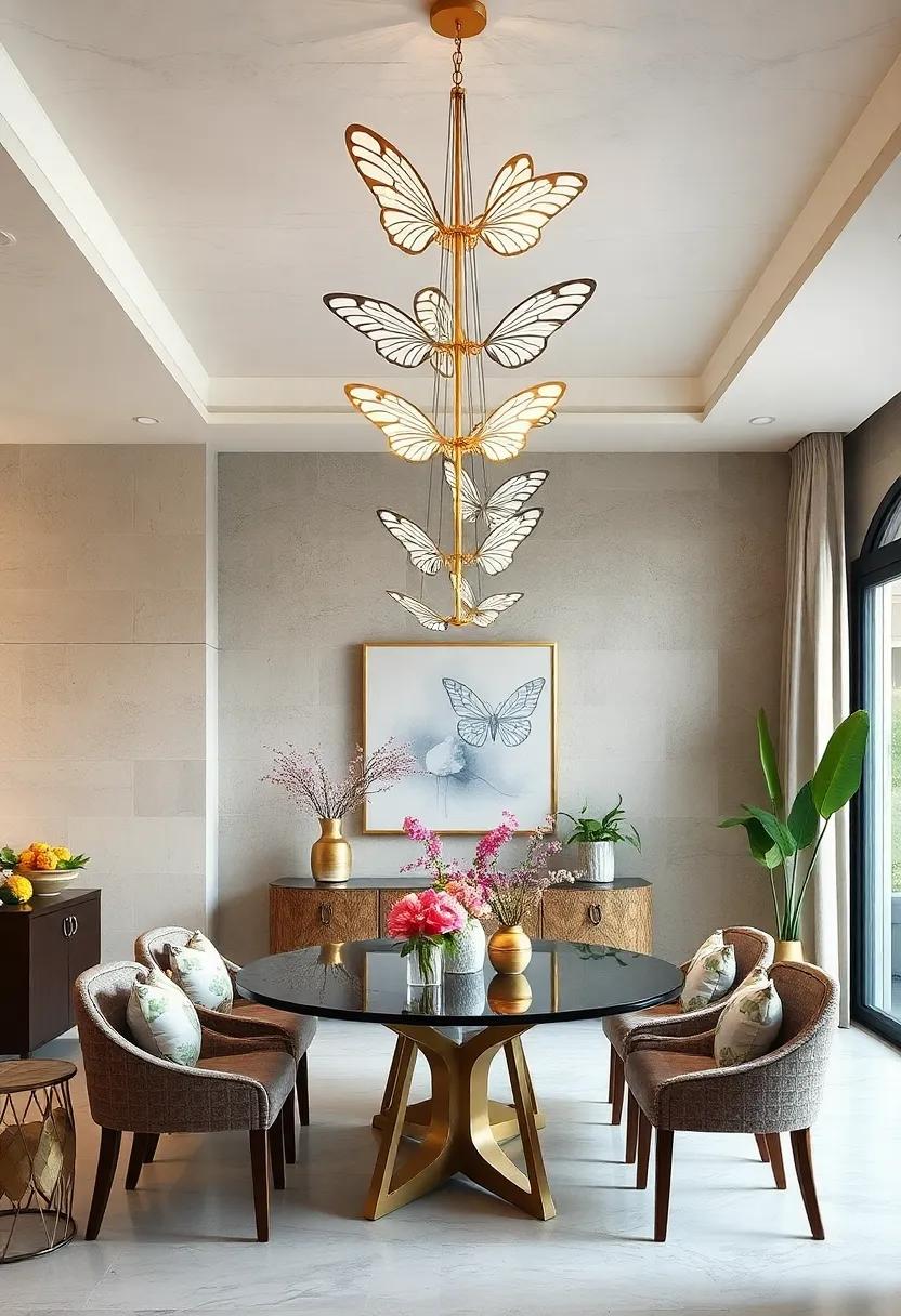 Delicate Butterfly Motif Chandeliers Hovering Gracefully Over Garden-Inspired Dining Rooms