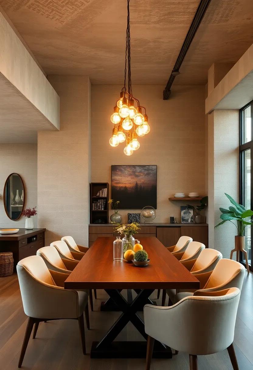 Edison Bulb Cluster Chandeliers Creating Warm Vintage Glow in Rustic Industrial Dining Spaces