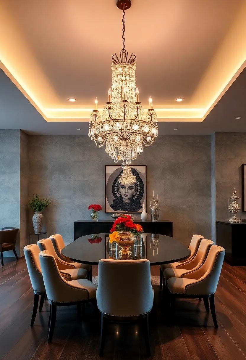 Elegant Crystal Chandeliers Casting Sparkling Reflections Over Classic Dining Tables