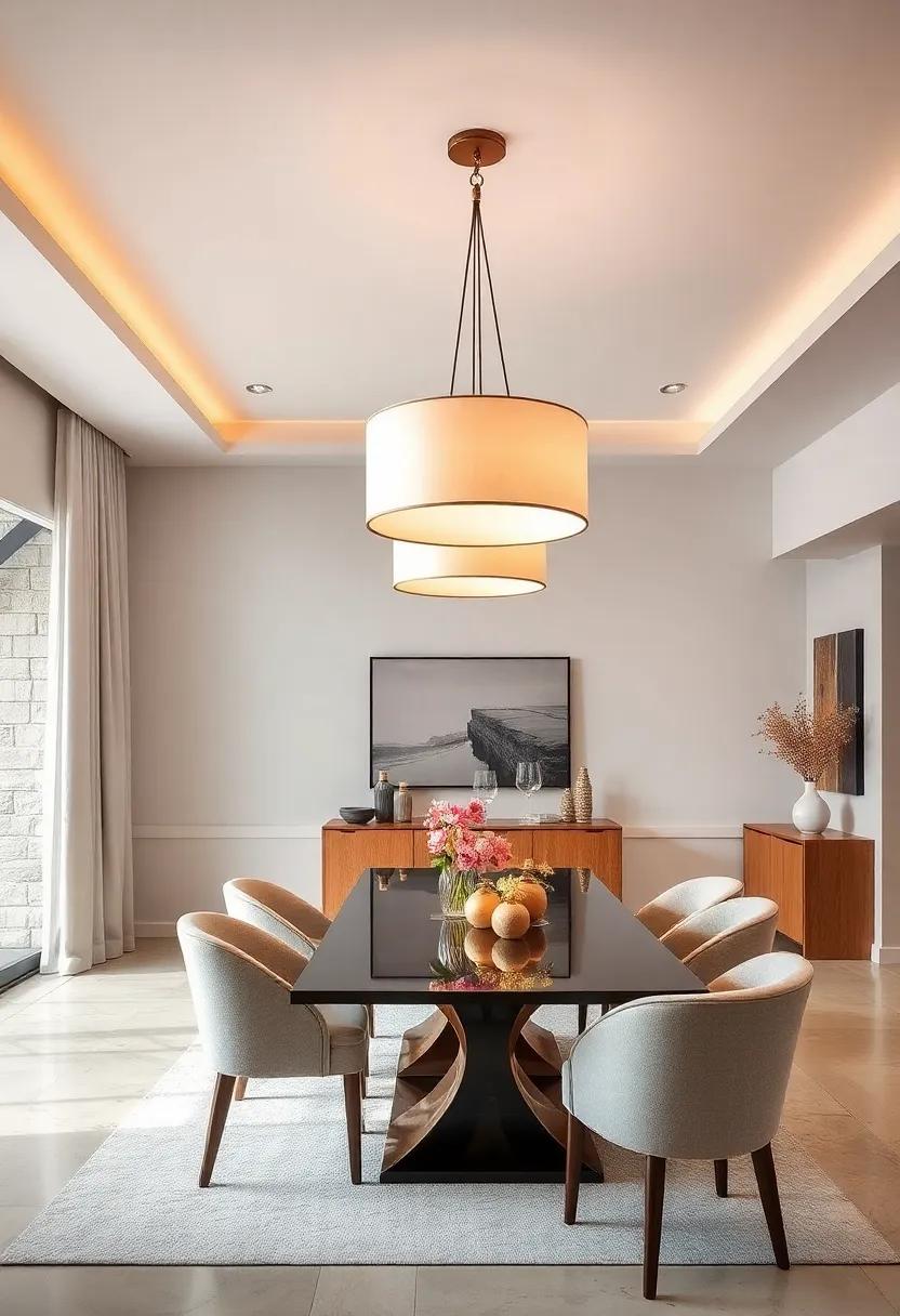Elegant Drum Shade Chandeliers With Soft Fabric Diffusers in Neutral Contemporary Interiors