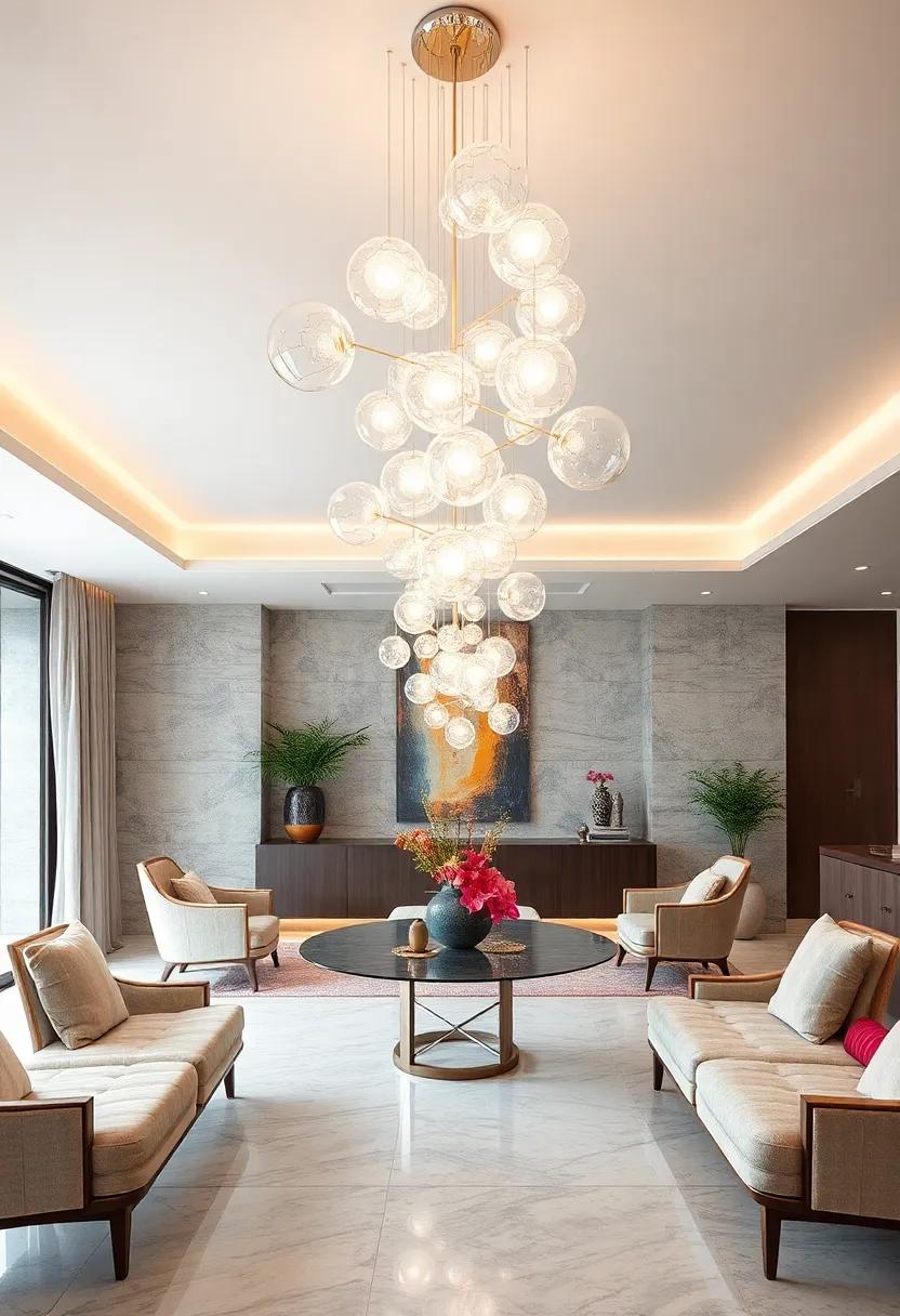 Futuristic Acrylic Chandeliers Featuring Floating Orb Lights and Reflective Surfaces