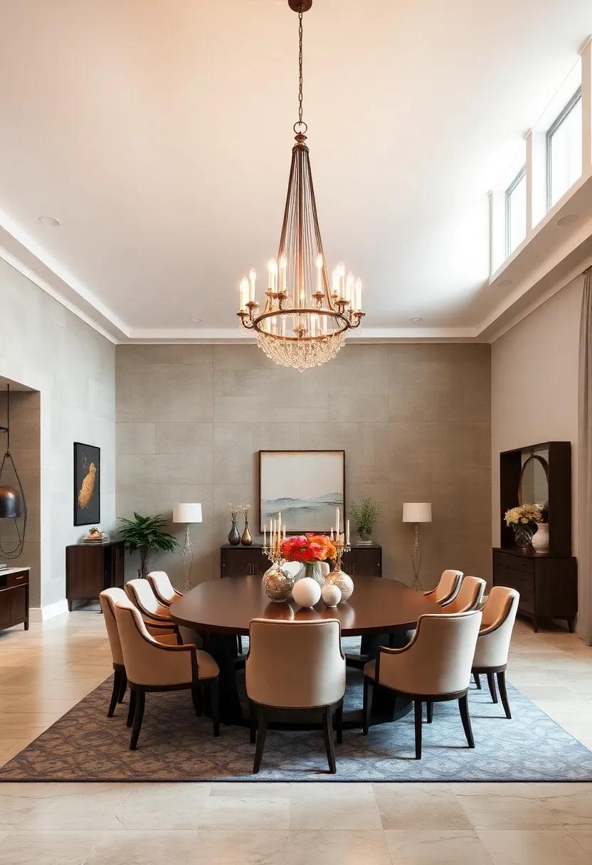 Grand Foyer Chandeliers Pouring Light Into Elegant Open Plan Dining Rooms With High Ceilings