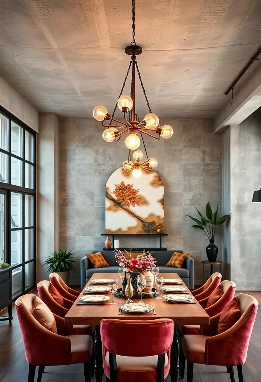 Industrial Style Chandeliers Combining Exposed Bulbs and Raw Iron Over Urban Loft Dining Areas