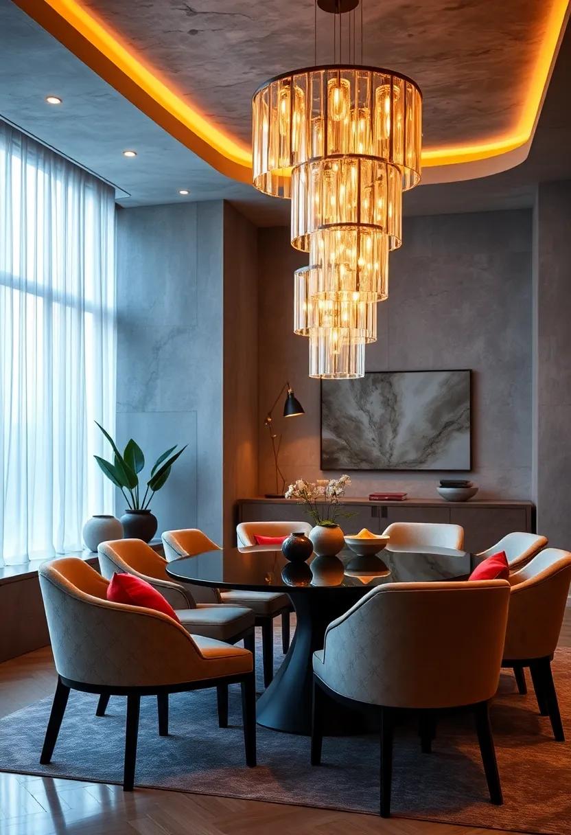 Layered Cylindrical Glass Chandeliers Creating Depth and Light Play in Modern Elegant Spaces