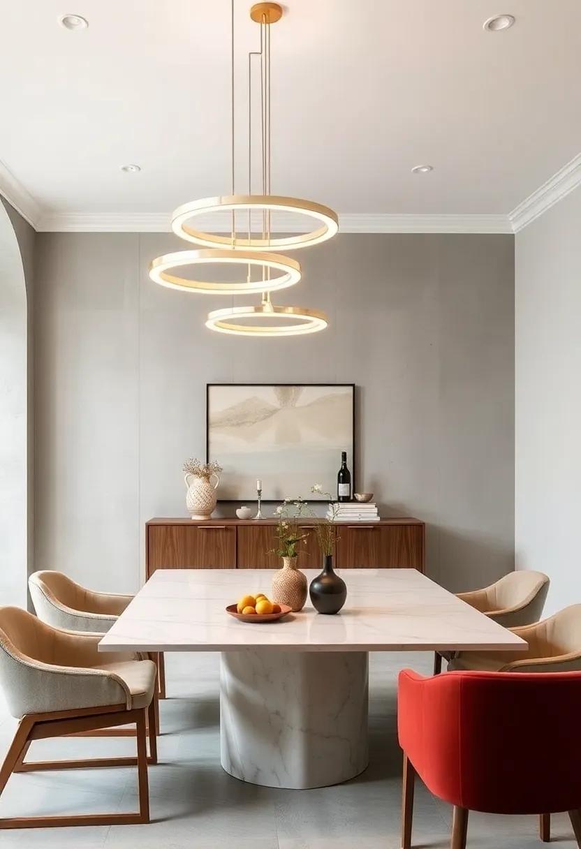 Minimalist Rings of Light Suspended Above Sleek Marble Dining Tables in Scandinavian Interiors