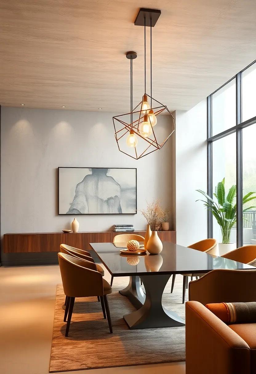 Modern Geometric Chandeliers With Sleek Metallic Finishes Enhancing Minimalist Dining Spaces