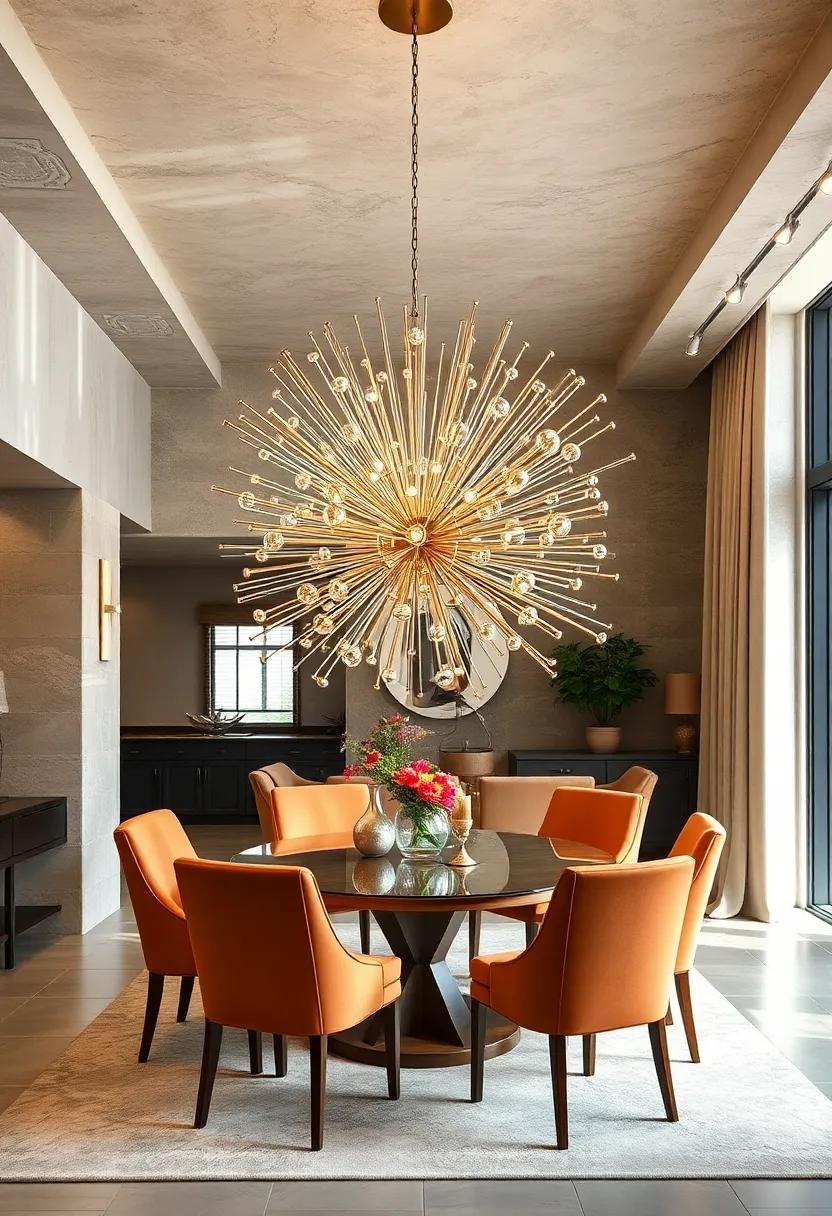 Statement Starburst Chandeliers Exploding With Metallic Rods and Reflective Spheres