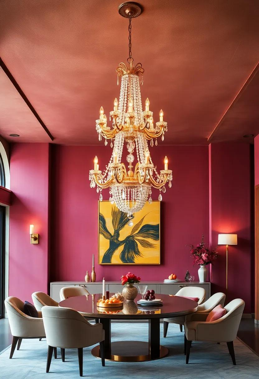 Victorian Crystal and Brass Chandeliers With Intricate Scrollwork Against Plush Velvet Walls