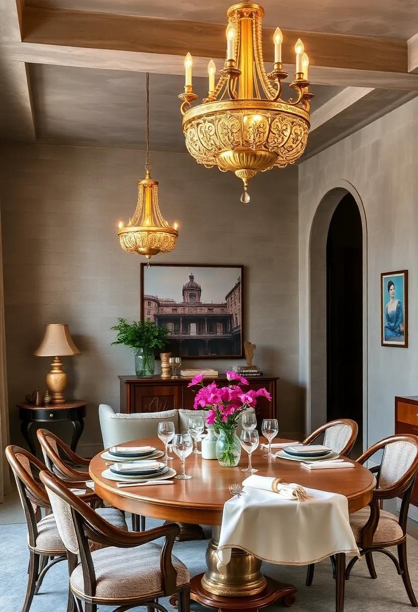 Vintage Brass Chandeliers Adorned With Delicate Filigree Detailing Over Antique Dining Settings