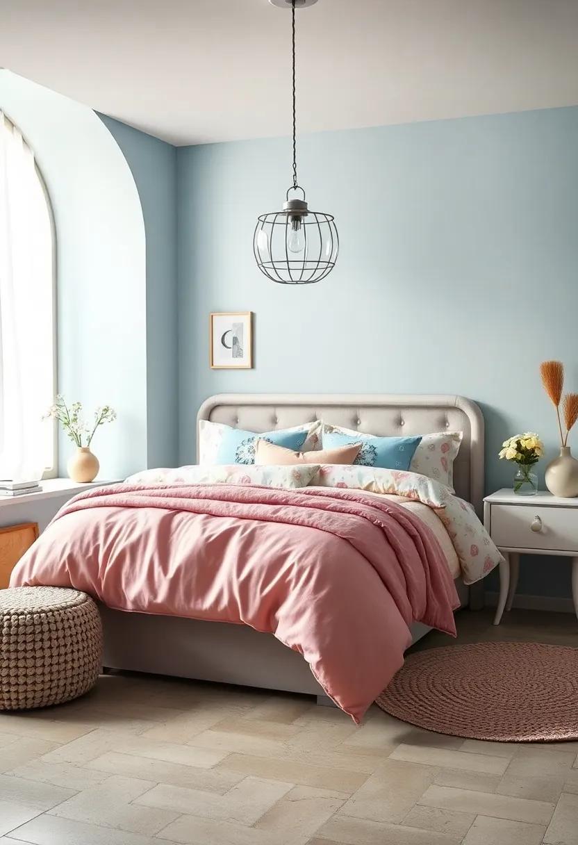 Gentle Hues of Sky Blue and Cotton Candy Pink Interwoven in Bedding Patterns for a Harmonious Look