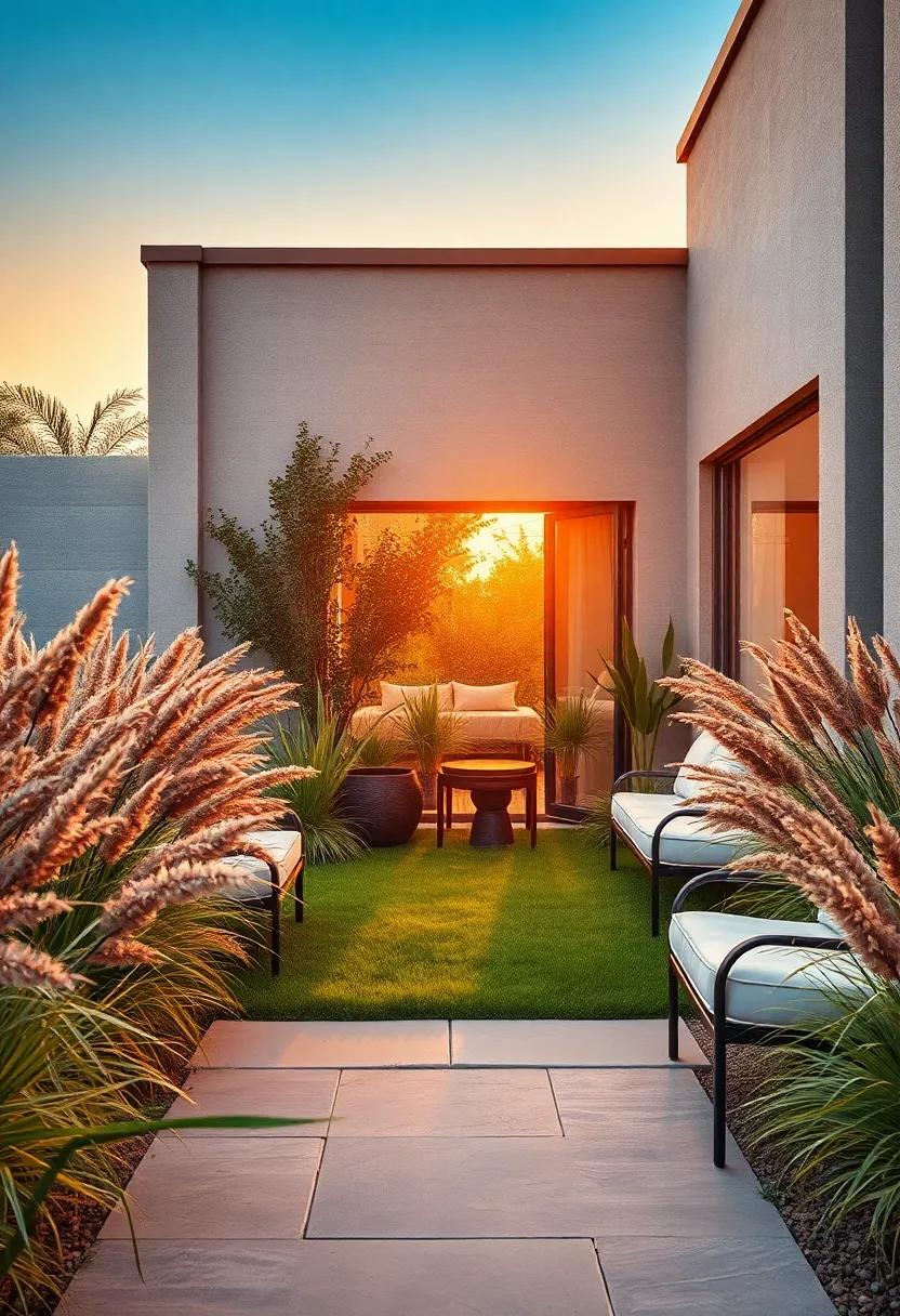 Sunset Glow Casting Warm Shadows on a Front Yard of Diverse Textured African Grasses and Bushes in Rich Earth Tones
