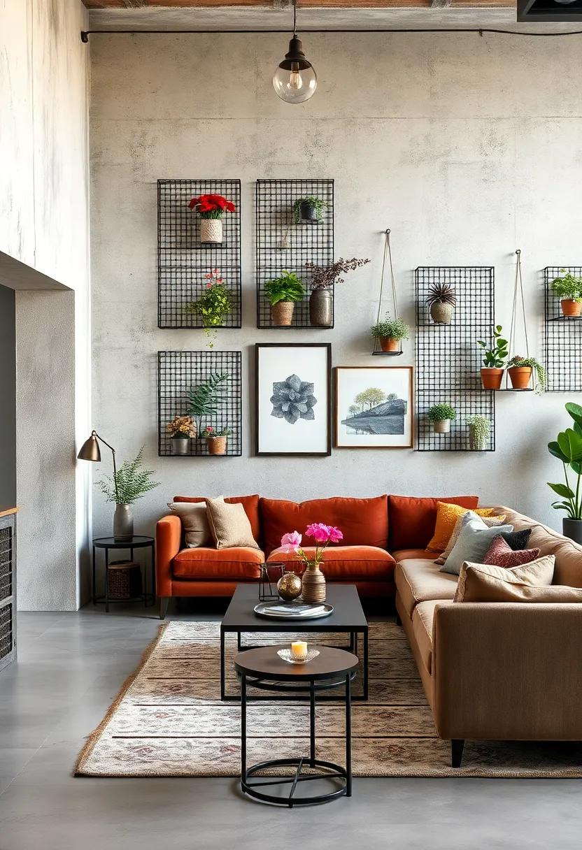 Factory Style Wire Mesh Racks Used as Art Displays for Urban Botanical and Industrial Fusion