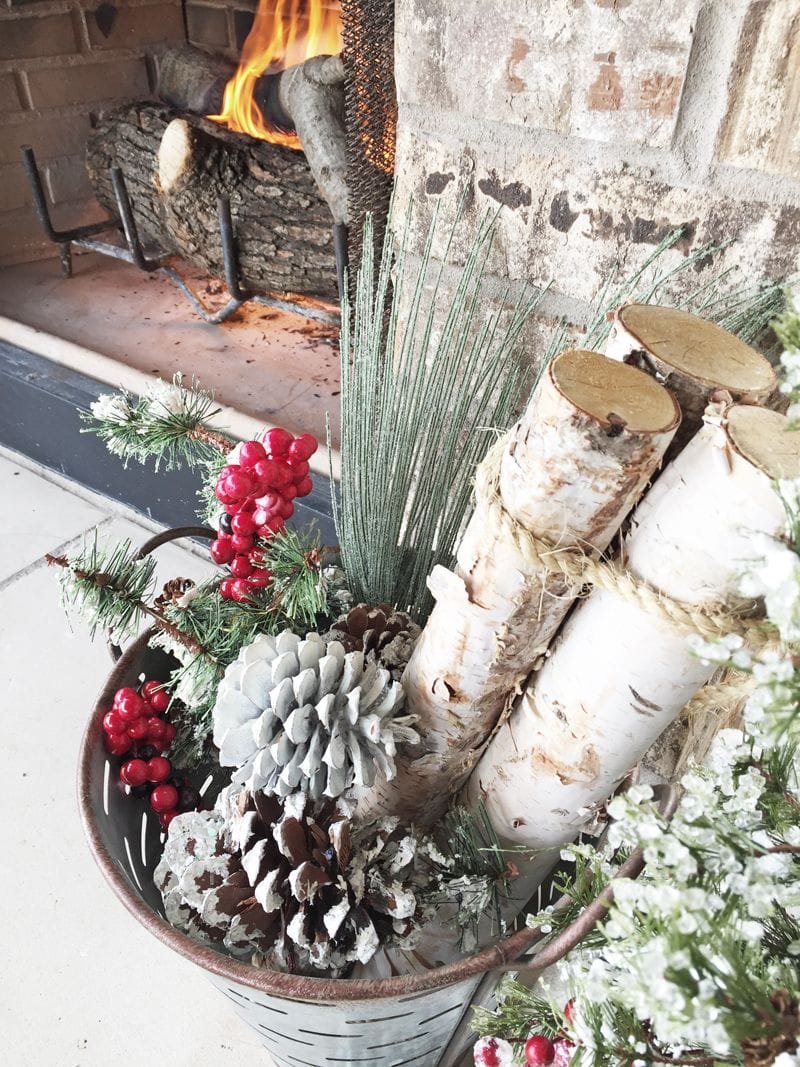 Vintage Olive Bucket Fireplace Display