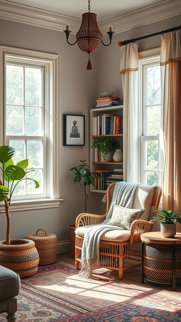 Cozy reading nook with rattan chair