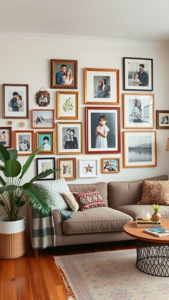 Eclectic gallery wall with photos and art
