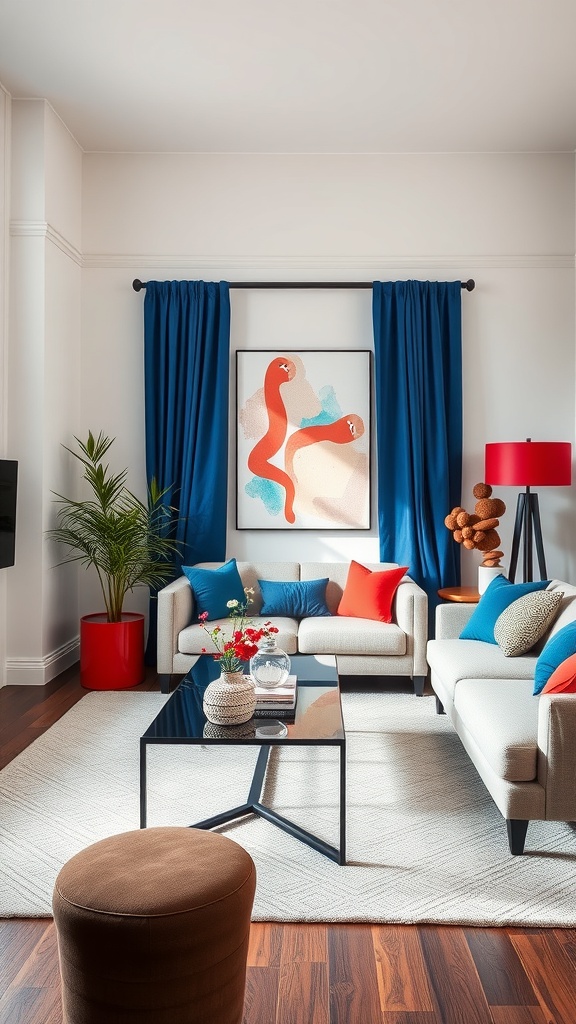 Bold blue curtains and colorful accents