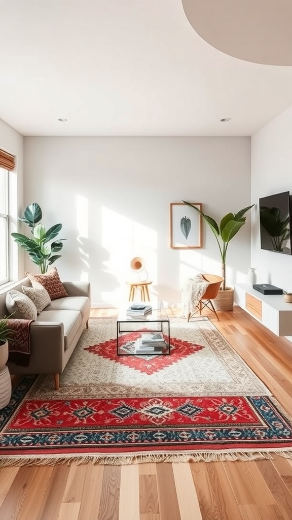 Layered area rugs in living room