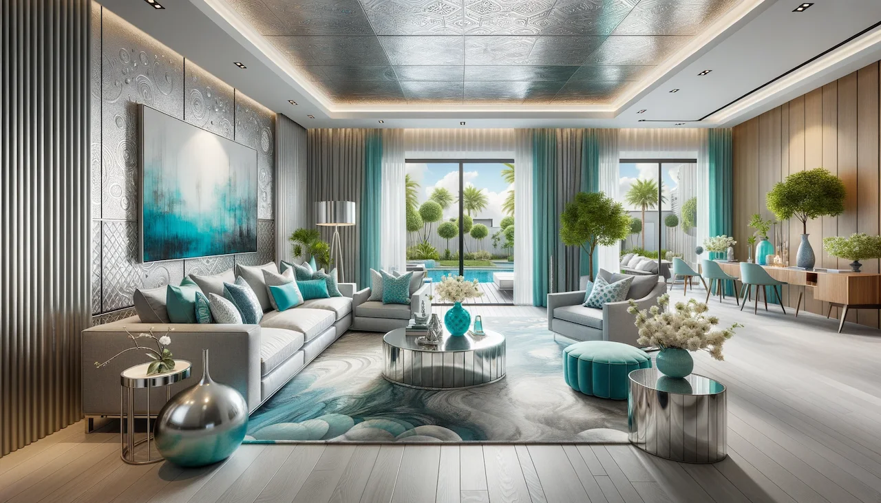turquoise and silver living room