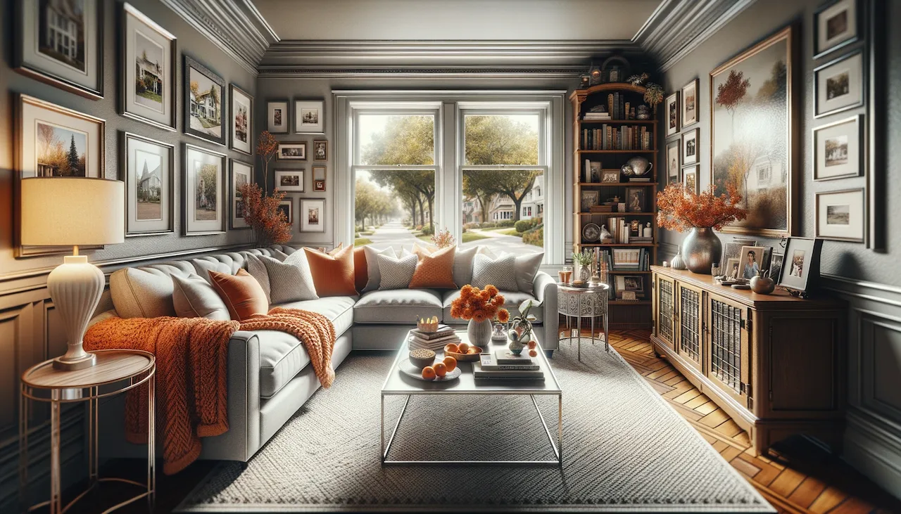 orange and silver living room