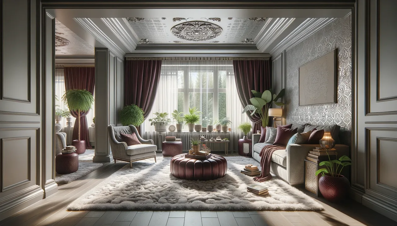 maroon and silver living room