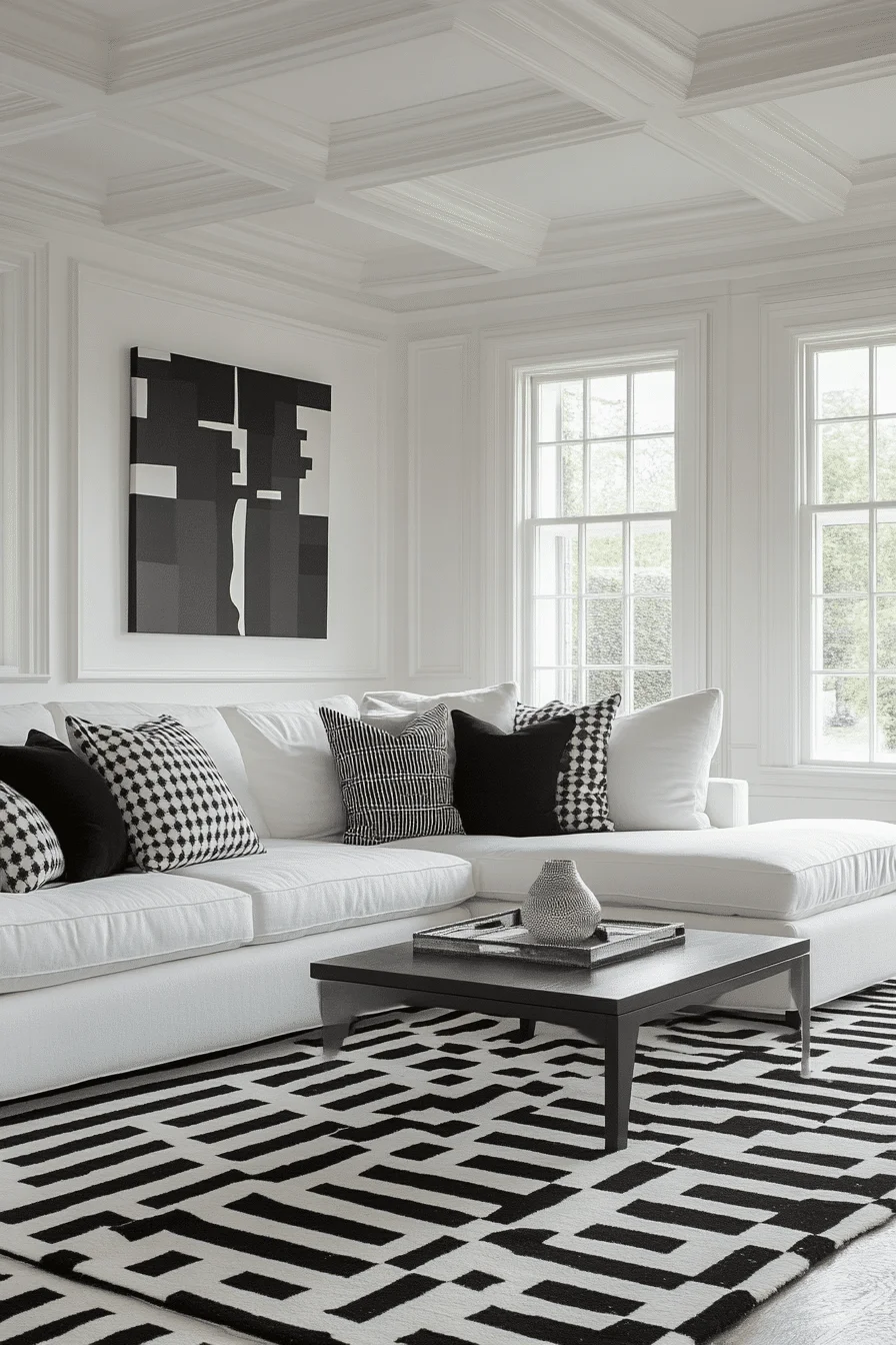 Geometric black and white living room