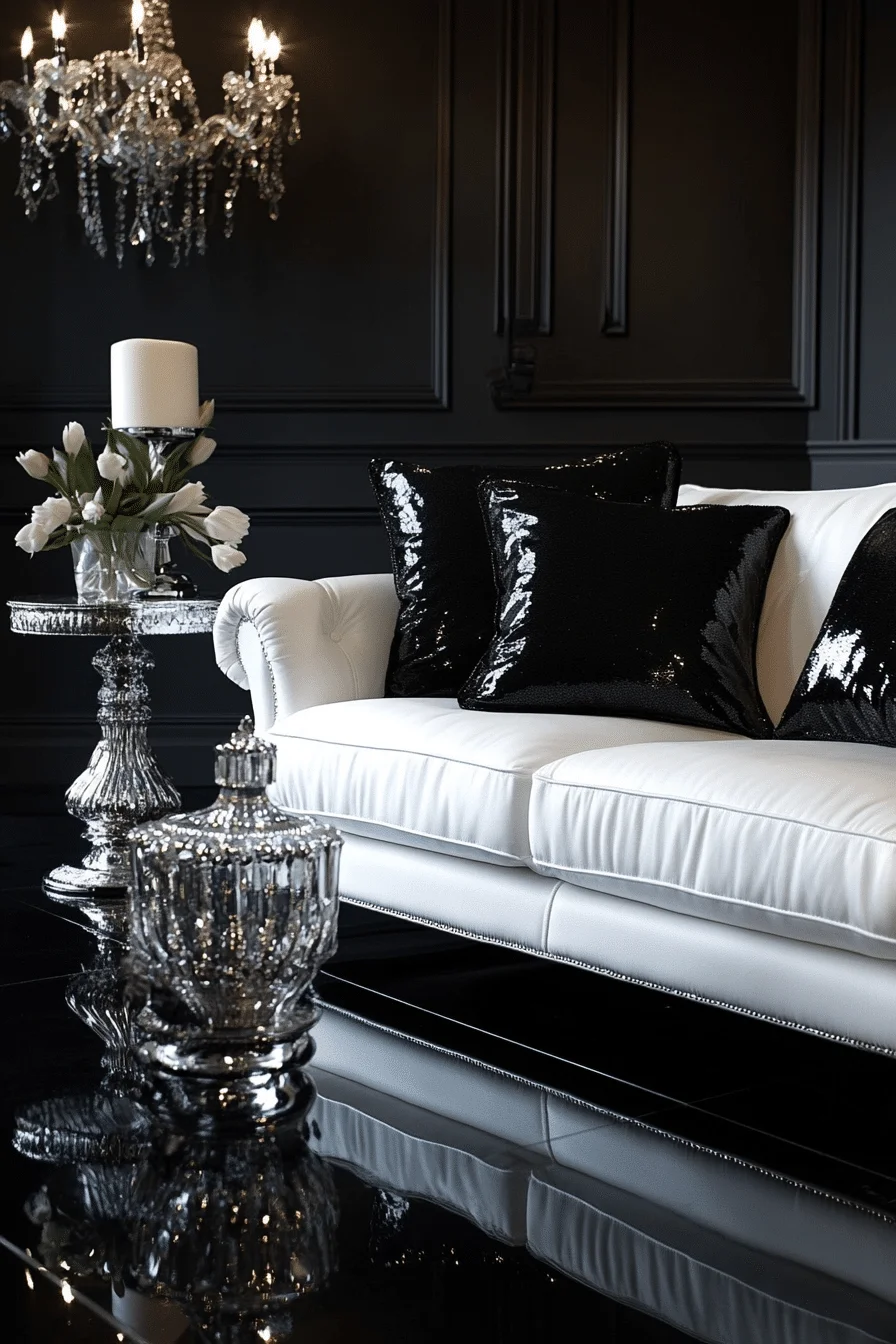 Glamorous black and white living room