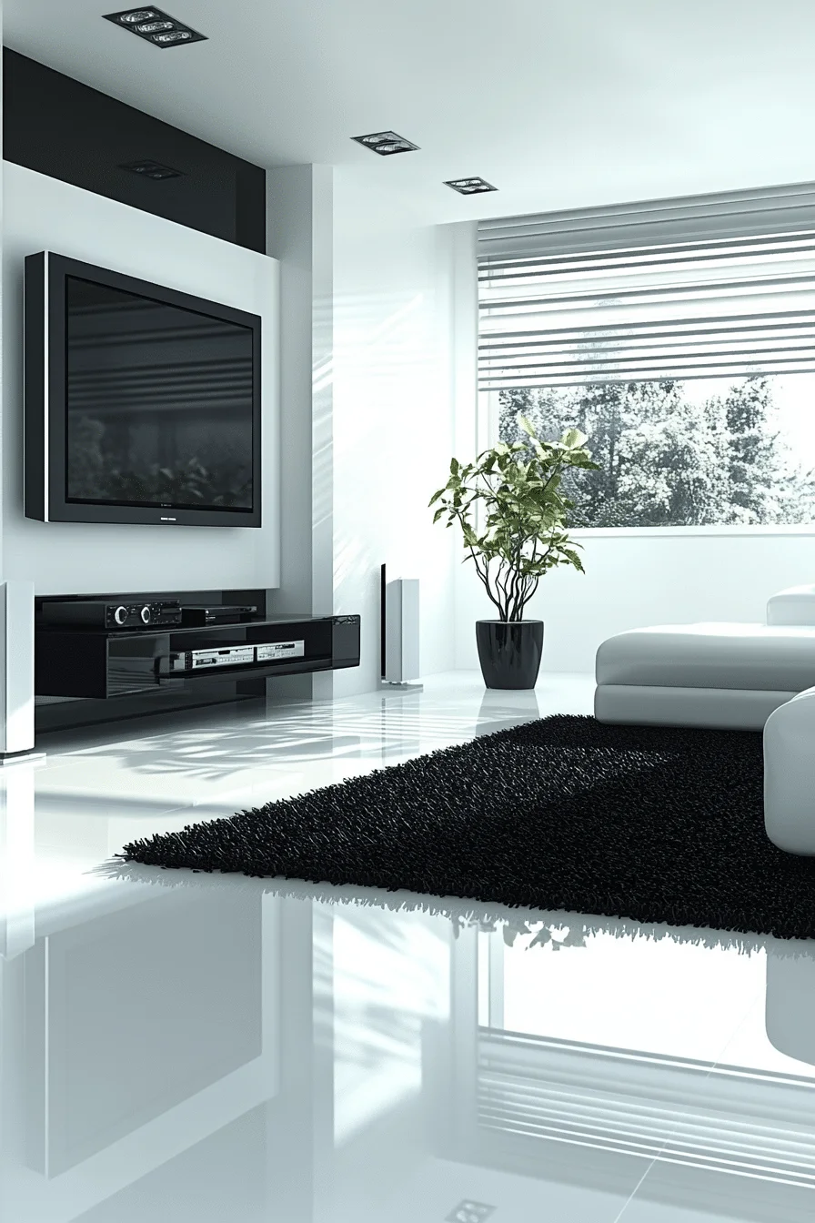 Linear black and white living room